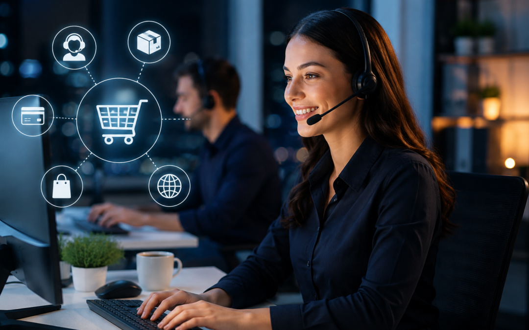 24/7 live customer support for e-commerce with a headset-wearing support agent